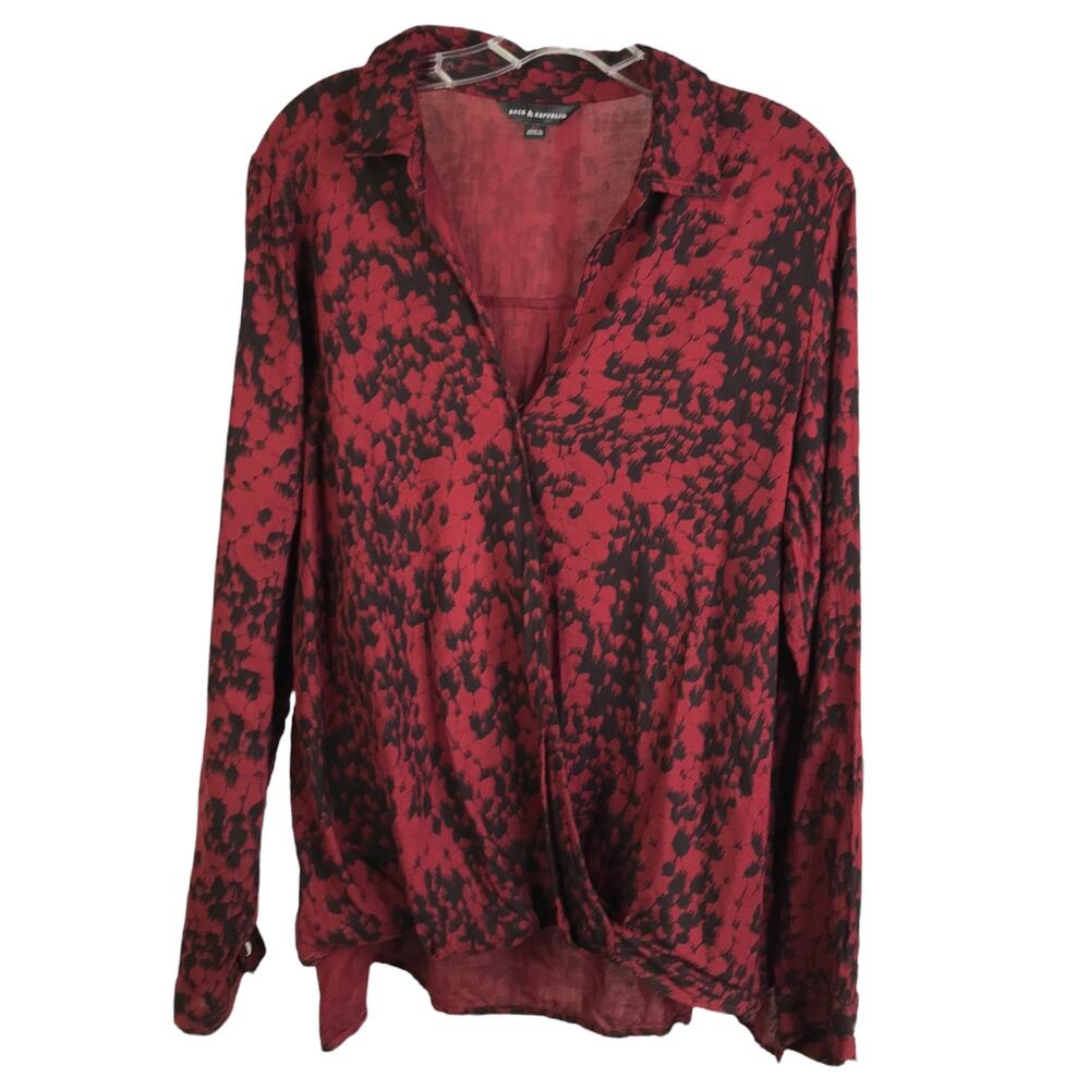Rock & Republic Blouse Womens Sz XL Red Black‎ Hi Low Long Sleeves Collared Top